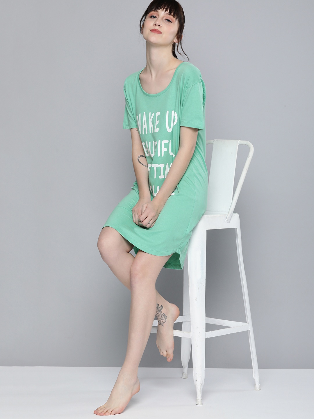 

HERE&NOW Women Green & White Typography Printed Round Neck Pure Cotton Tshirt Nightdress