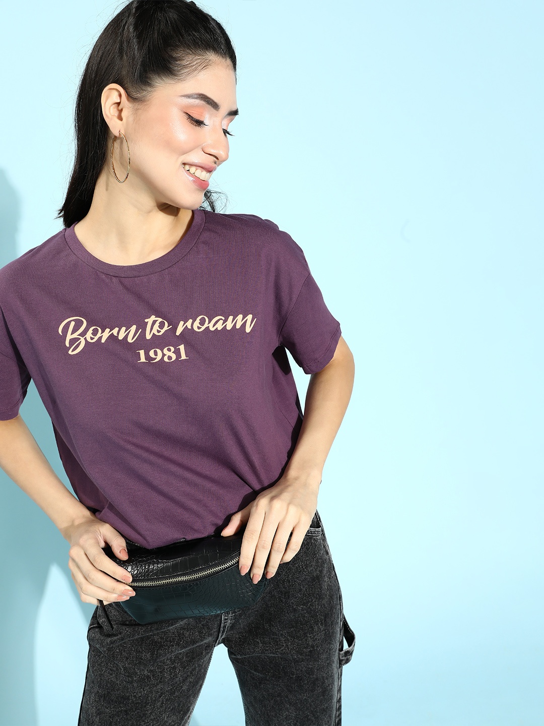 

HERENOW Women Purple Typography Printed Round Neck Pure Cotton T-shirt