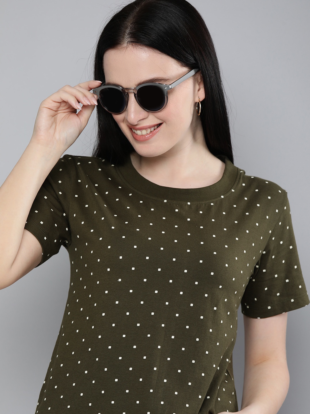 

HERENOW Women Olive Green White Printed Pure Cotton T-shirt