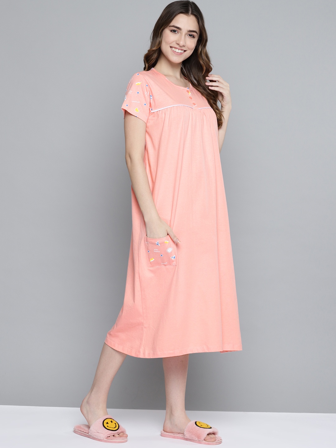 

HERE&NOW Pink Solid Pure Cotton Midi Nightdress
