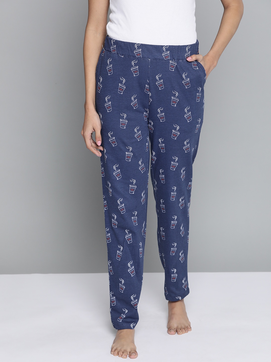 

HERE&NOW Women Navy Blue & White Printed Pure Cotton Lounge Pants