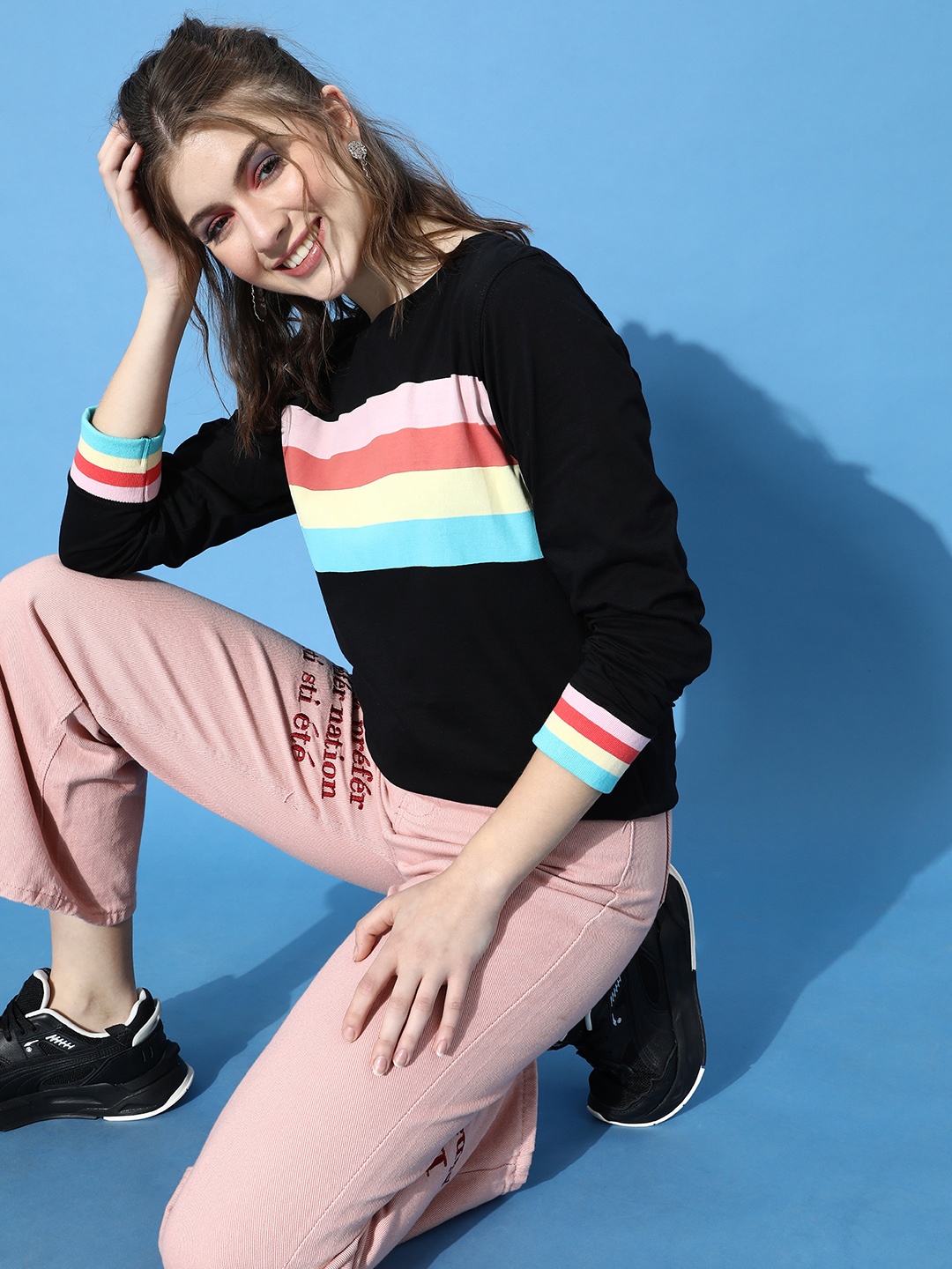 

Moda Rapido Women Stylish Black Striped Tshirt