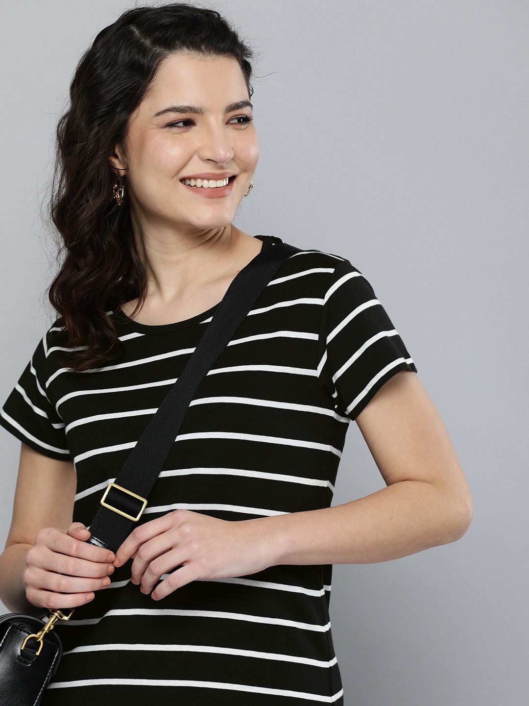 

HERENOW Women Black Cream-Coloured Striped Pure Cotton T-shirt