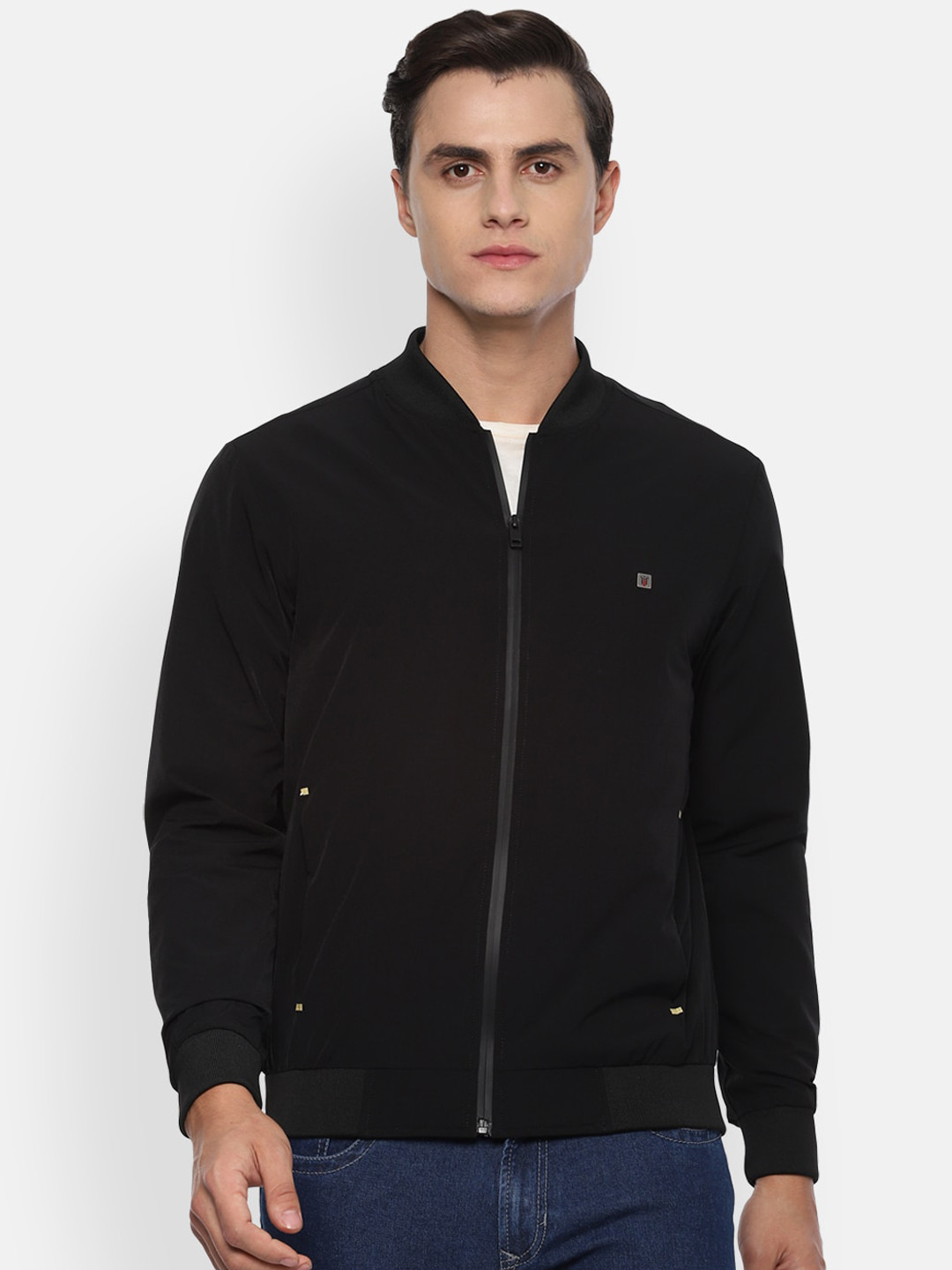 

Louis Philippe Jeans Men Black Solid Bomber Jacket
