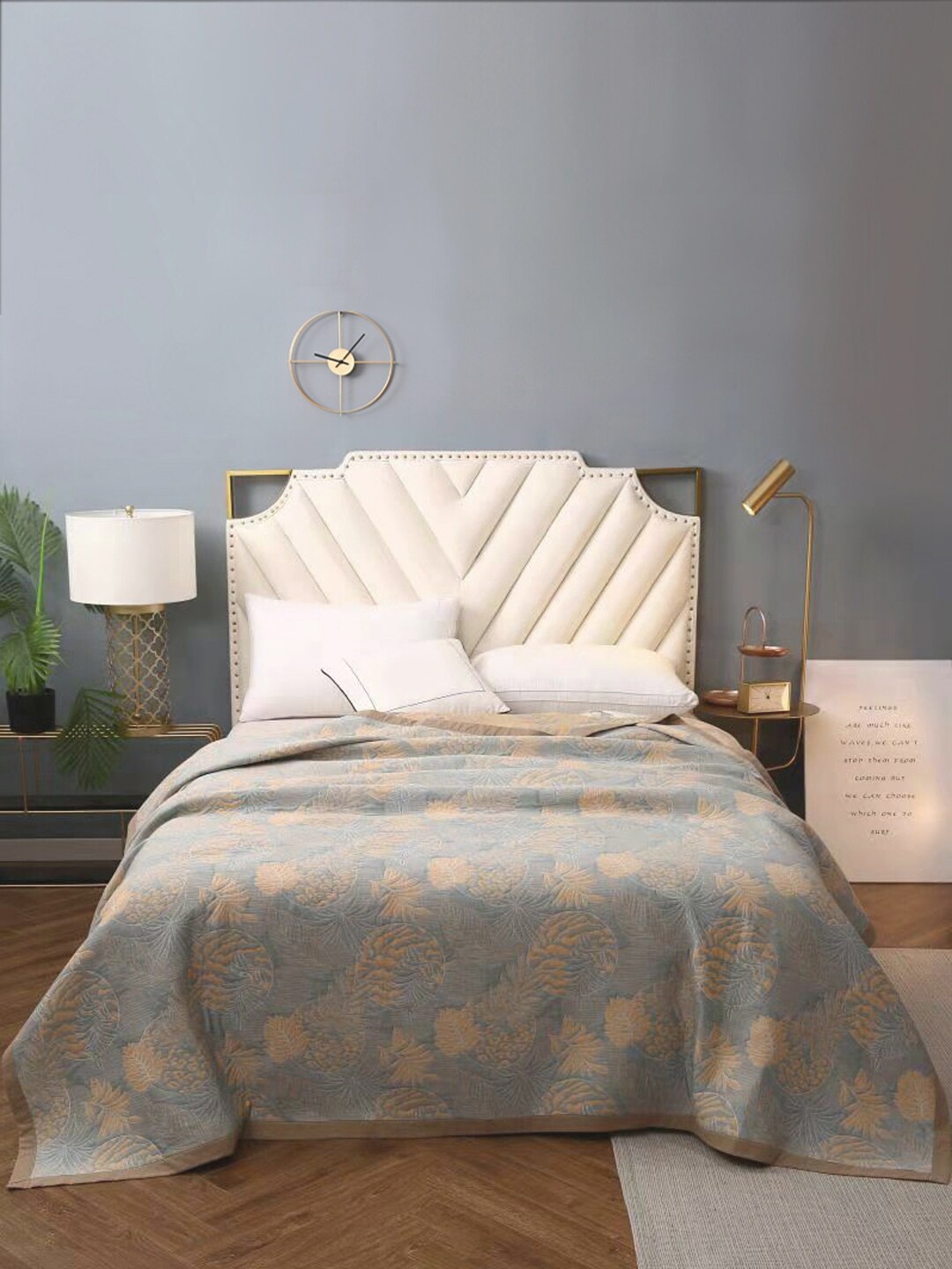 

URBAN DREAM Yellow & Grey Woven-Design Cotton Double Queen Bed Cover