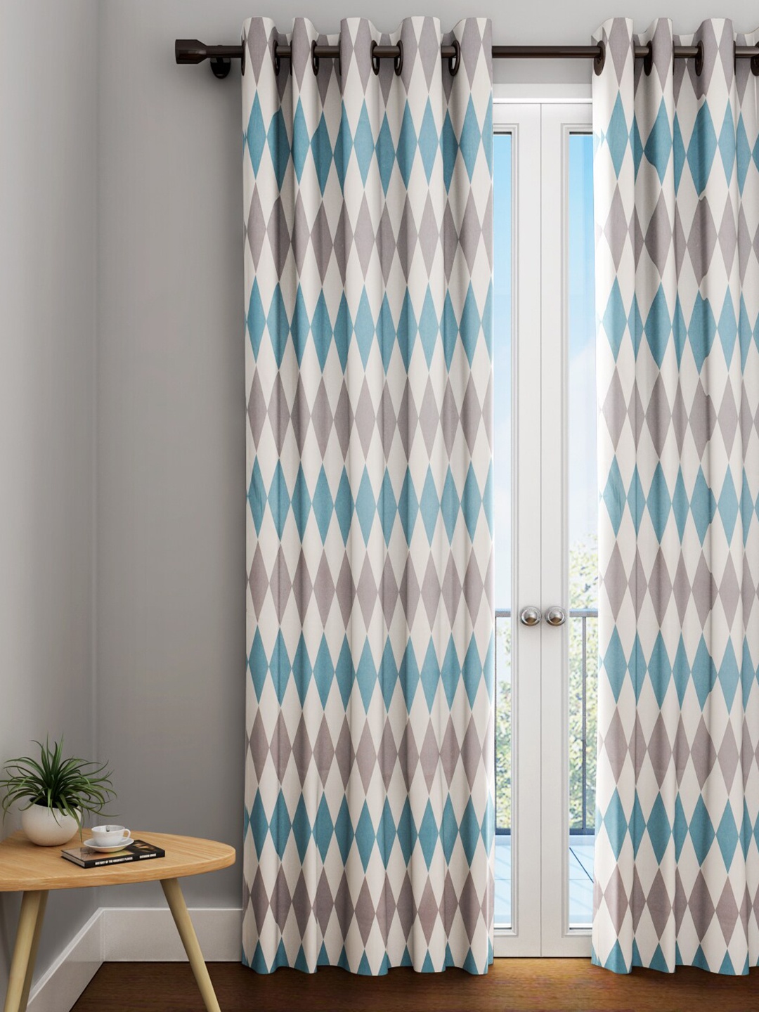 

URBAN DREAM Grey & Turquoise Blue Geometric Cotton Long Door Curtain