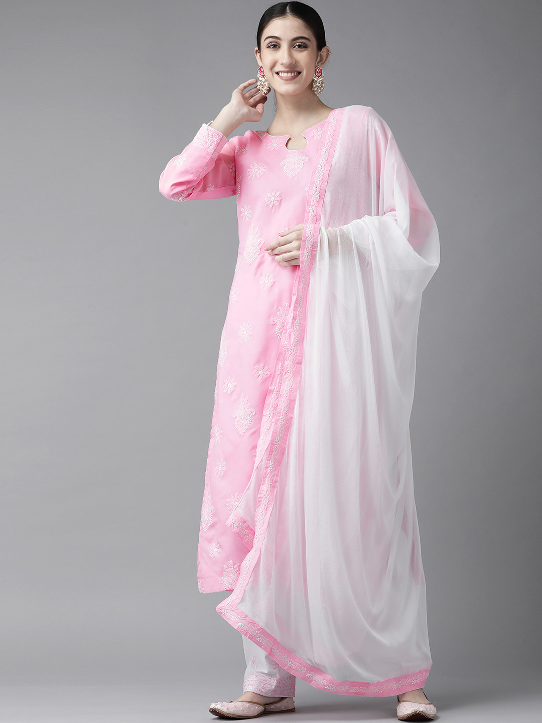 

ADA Pink & White Chikankari Hand Embroidered Handloom Unstitched Dress Material