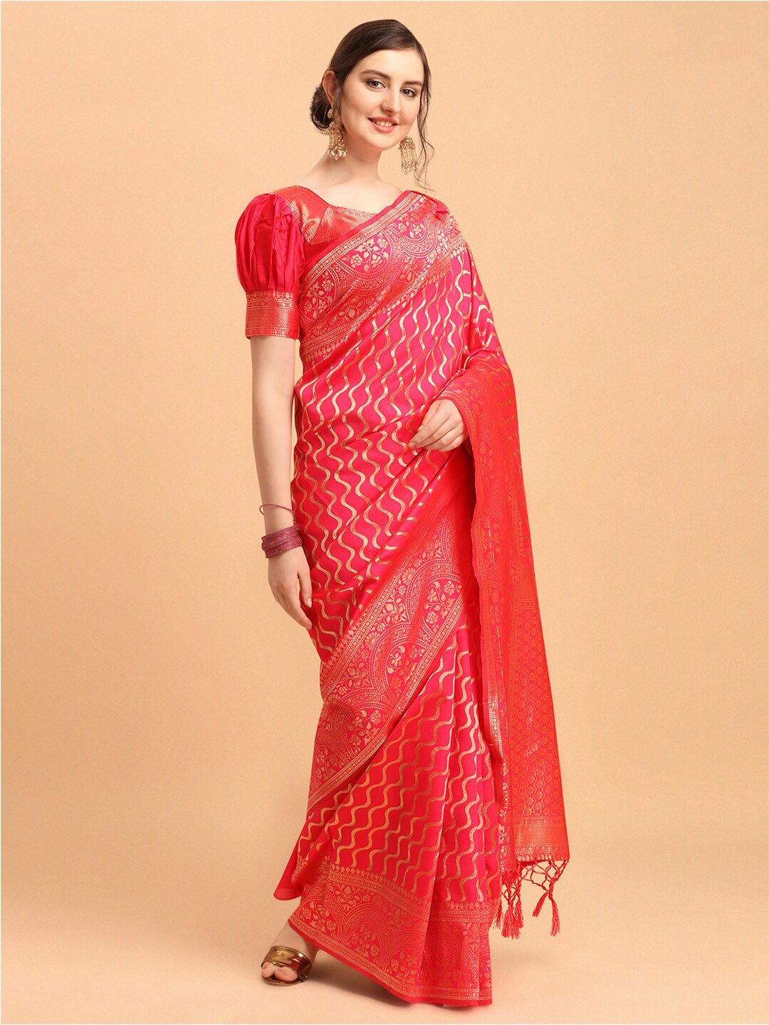 

Mitera Pink & Gold-Toned Silk Blend Fusion Leheriya Saree