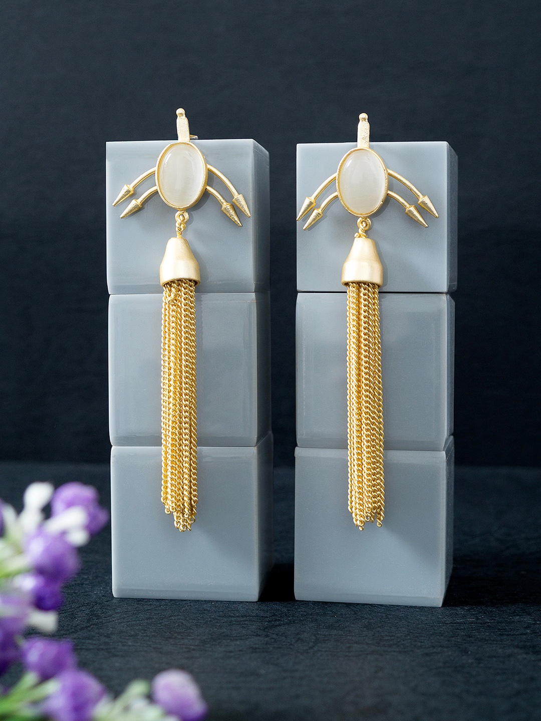 

Golden Peacock Gold-Toned Stone Studded Tasselled Contemporary Drop Earrings