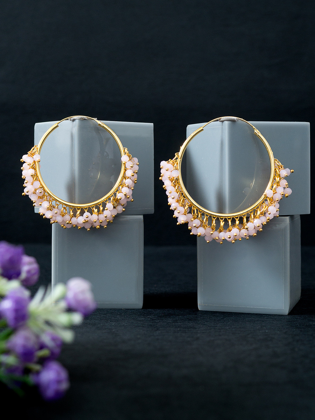 

Golden Peacock Gold-Toned & Pink Beaded Circular Hoop Earrings