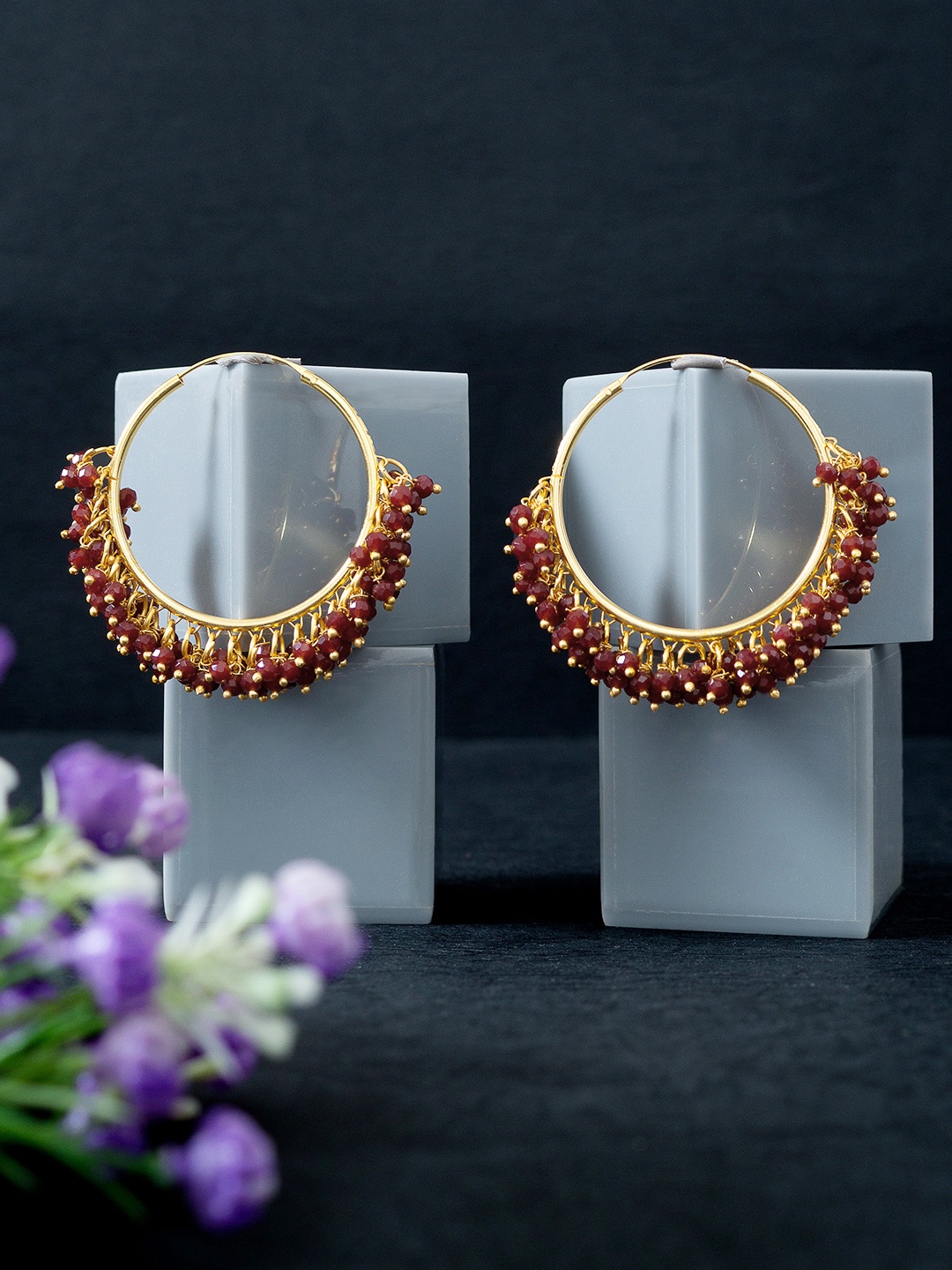 

Golden Peacock Gold-Toned & Maroon Beaded Circular Hoop Earrings