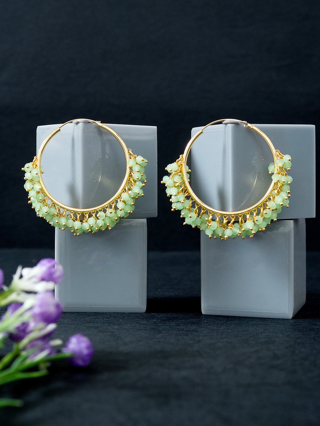 

Golden Peacock Gold-Toned & Green Beaded Circular Hoop Earrings