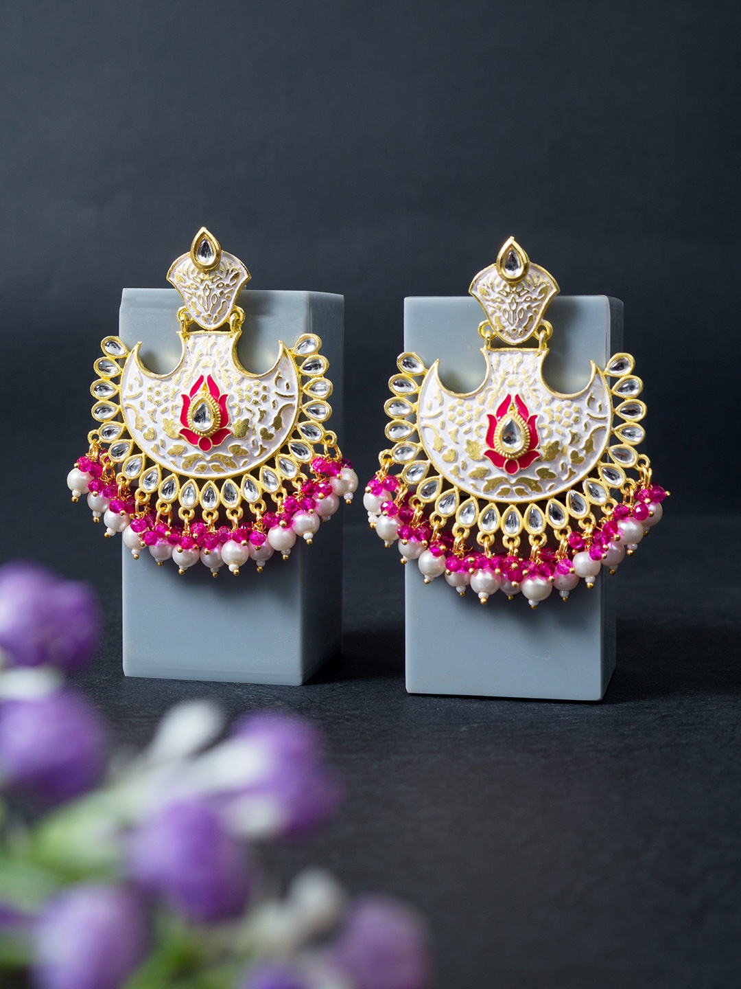 

Golden Peacock Gold-Toned & Pink Kundan & Beaded Enamelled Crescent Shaped Chandbalis