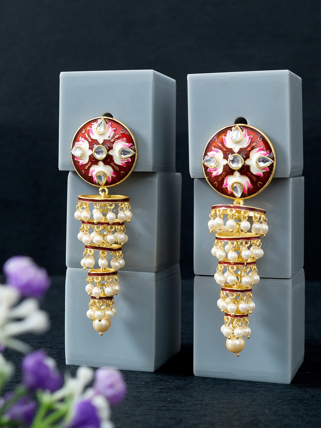 

Golden Peacock Gold Toned & Brown Enamelled Kundan Studded Jhumkas