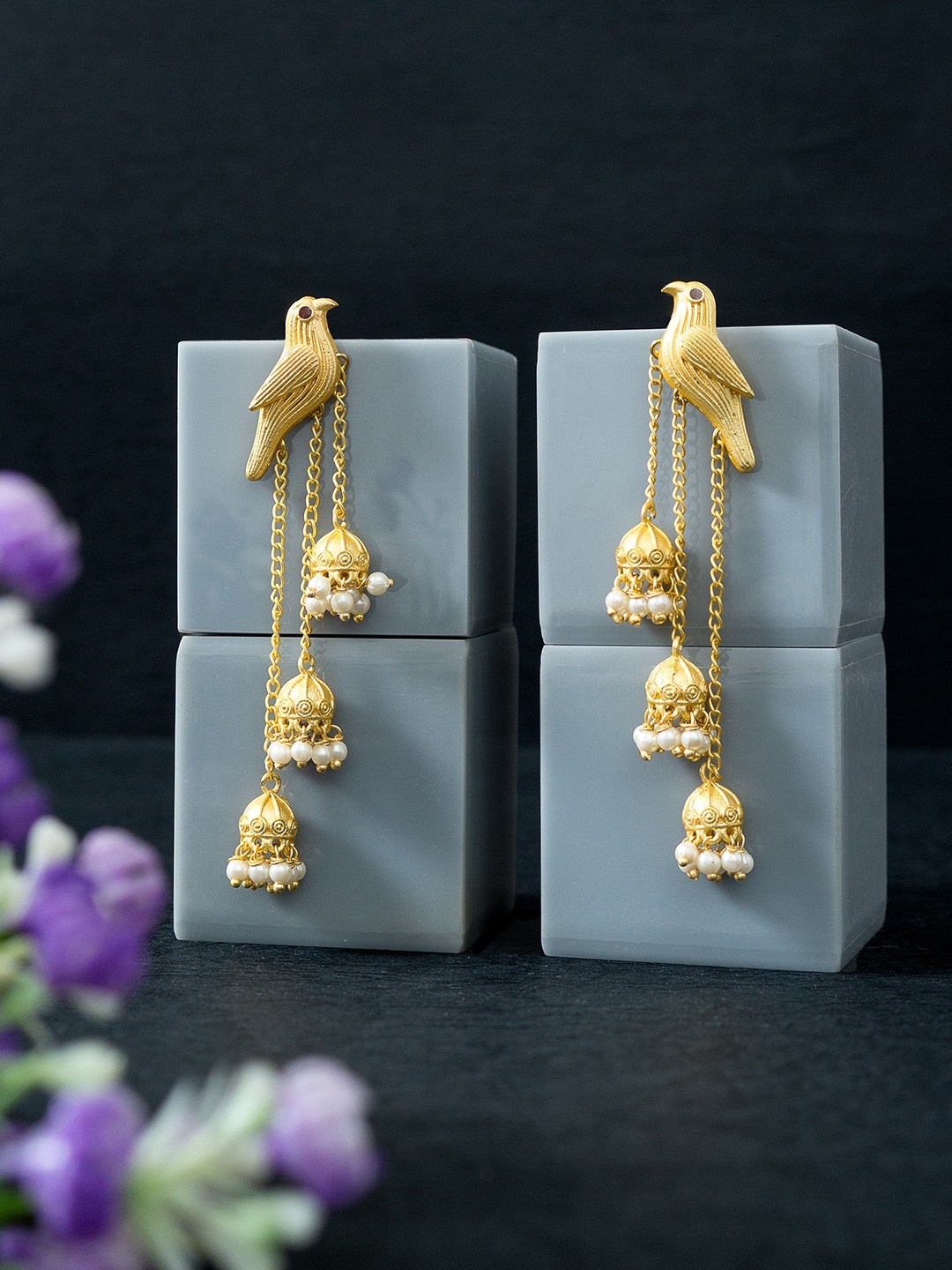 

Golden Peacock Gold-Toned & White Birdcage Ethnic Tasselled Drop Earrings