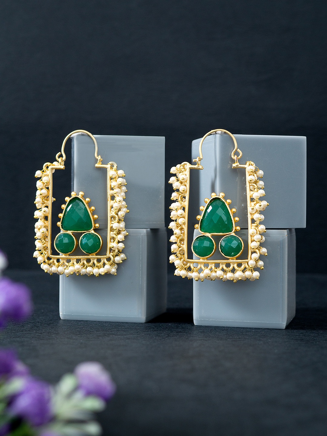 

Golden Peacock Golde-Toned & Green Beads Studded Square Shaped Hoops Earrings, Gold