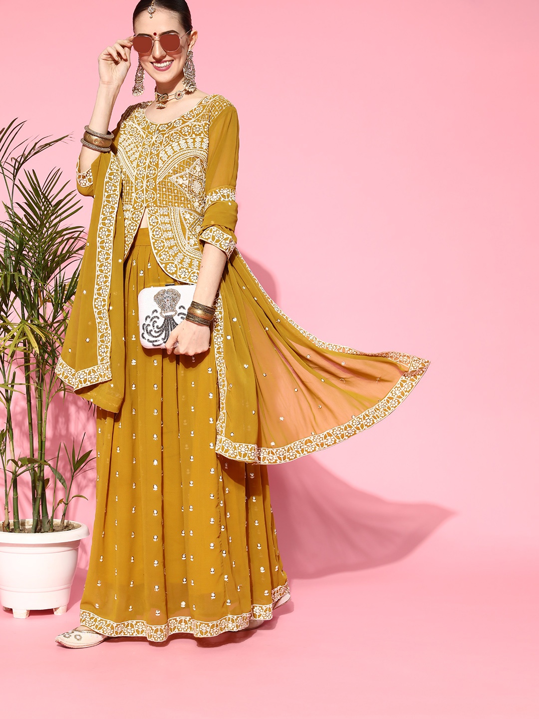 

Kvsfab Women Mustard Yellow Sequins Embroidered Readymade Top Skirt Set with Dupatta