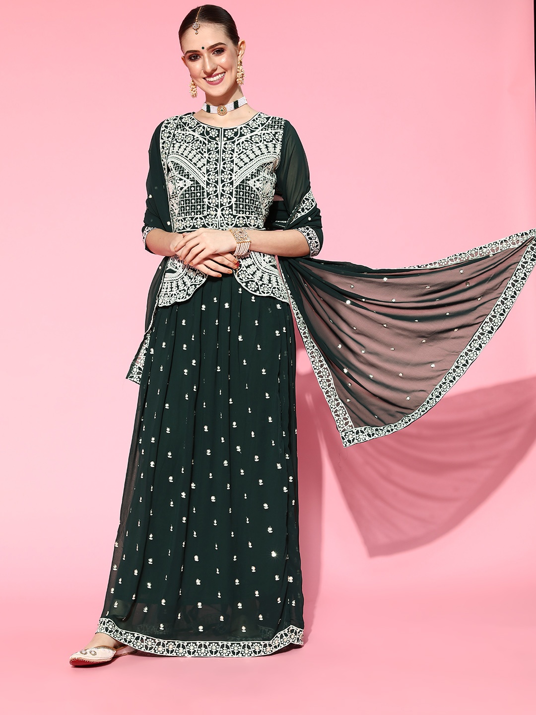 

Kvsfab Women Green Sequins Embroidered Readymade Top Skirt Set with Dupatta