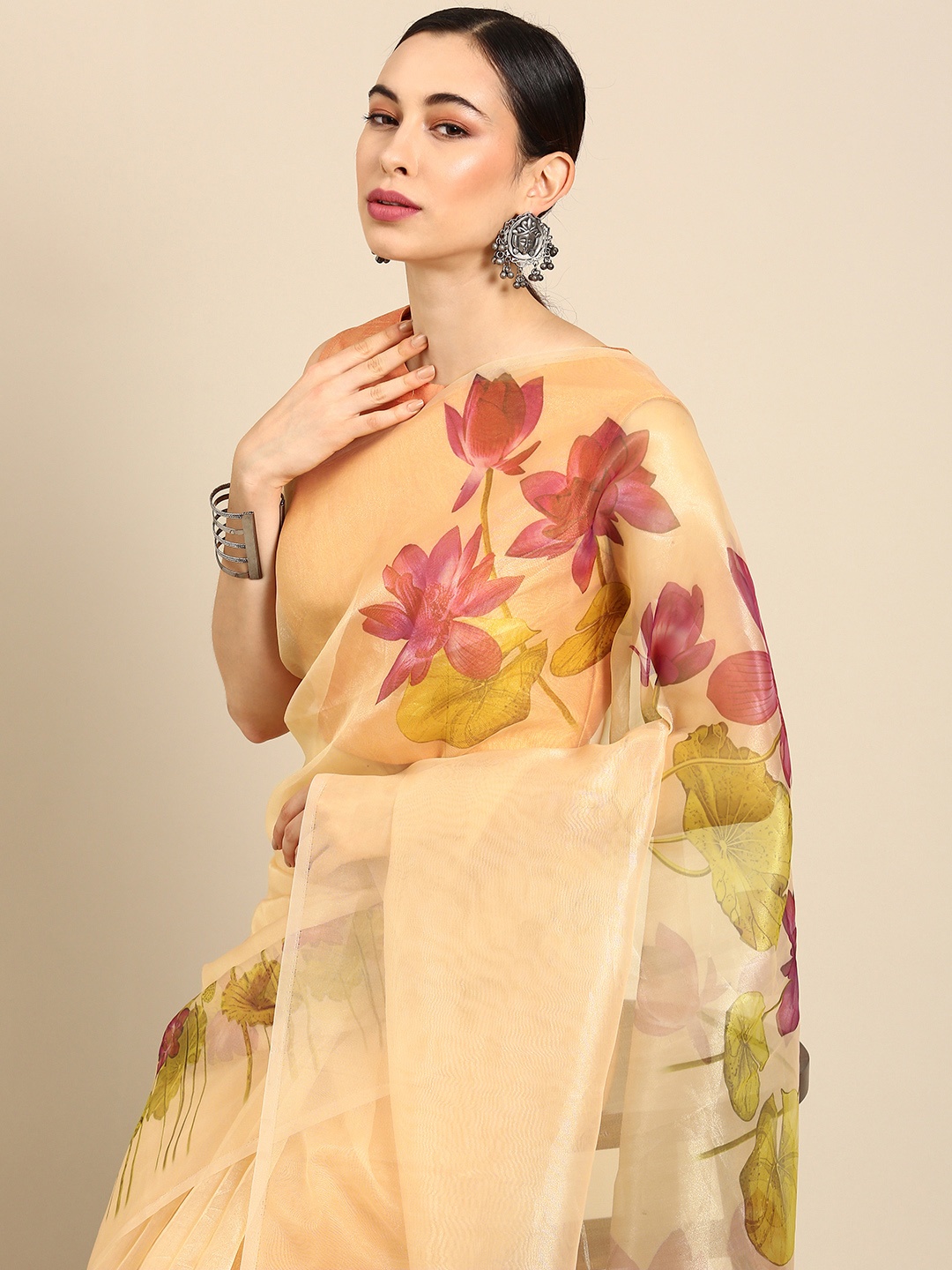 

all about you Beige Floral Organza Saree