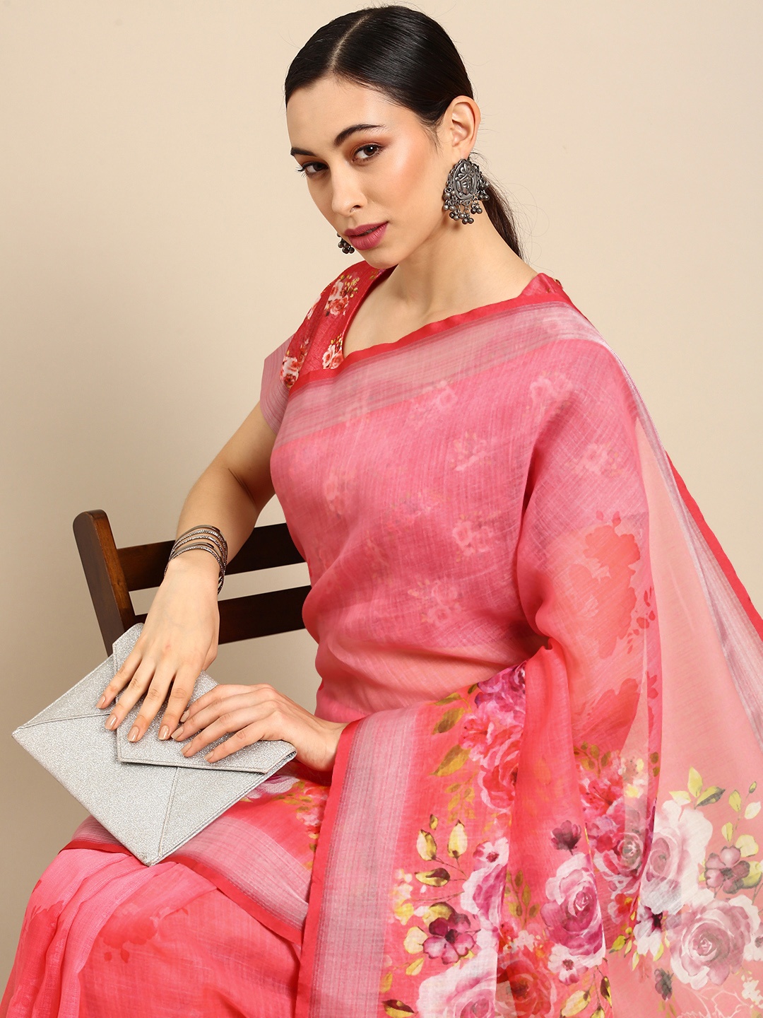 

all about you Pink Floral Pure Cotton Saree