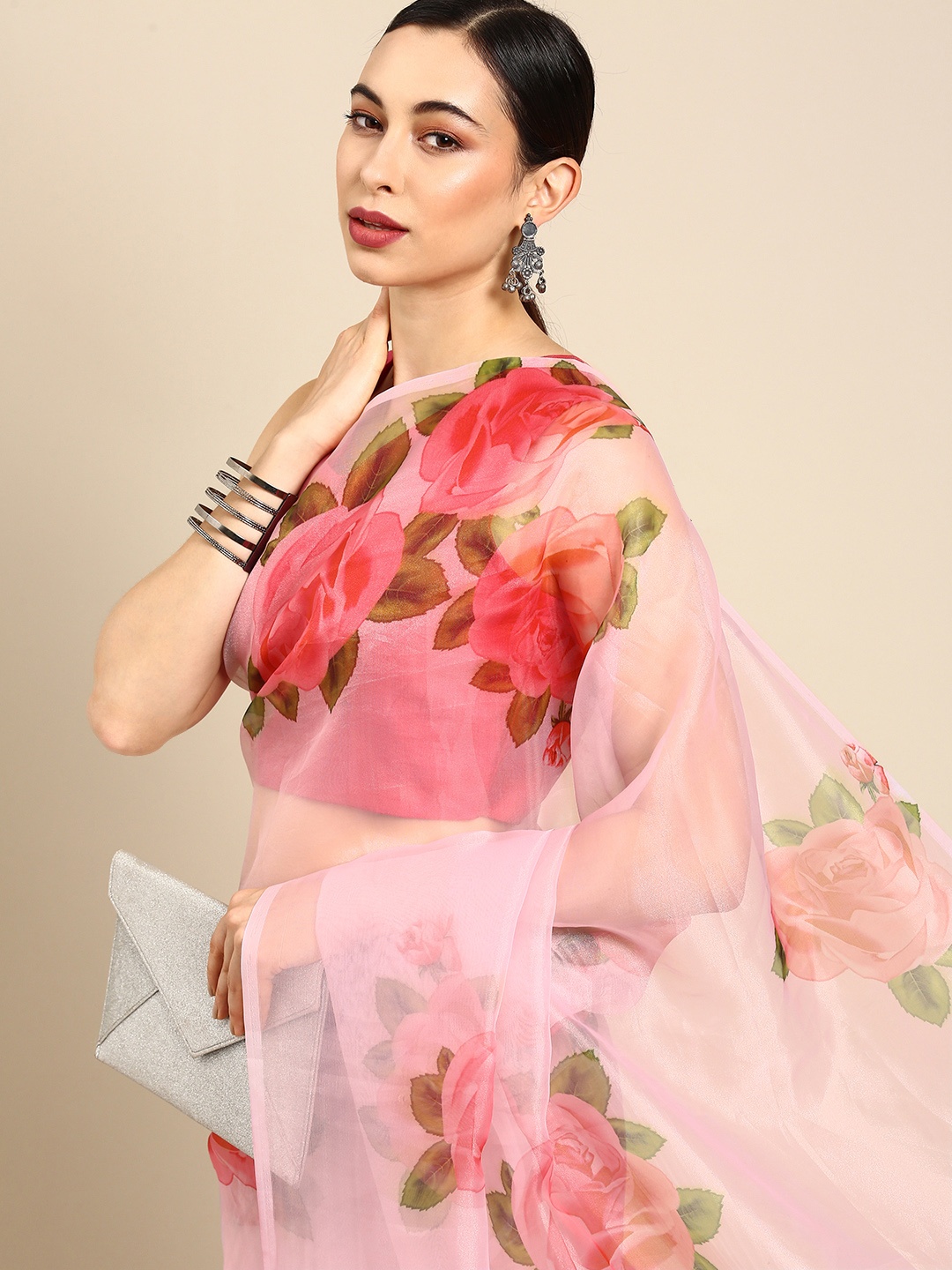 

all about you Pink Floral Organza Saree