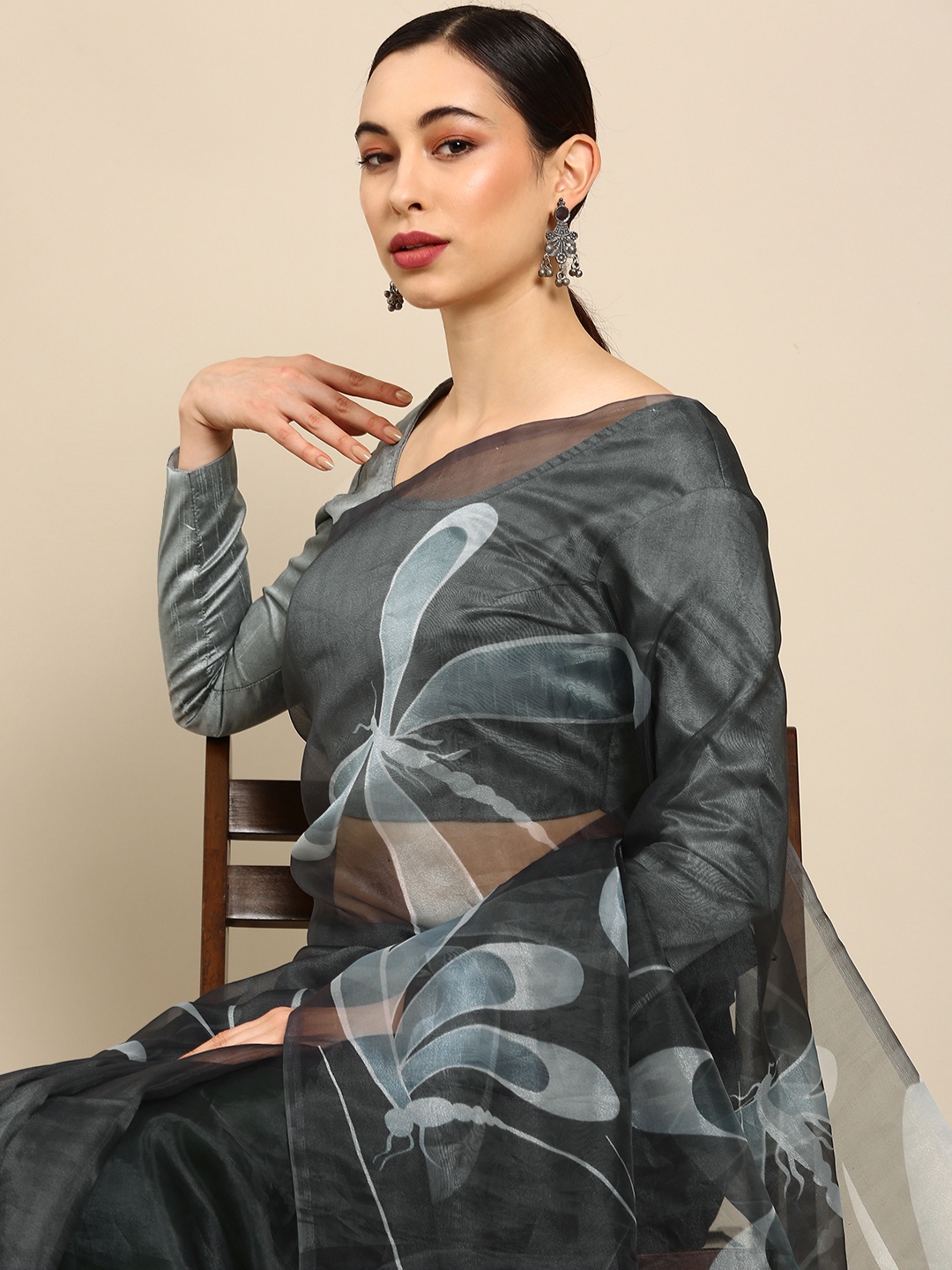 all about you Grey Floral Organza Saree