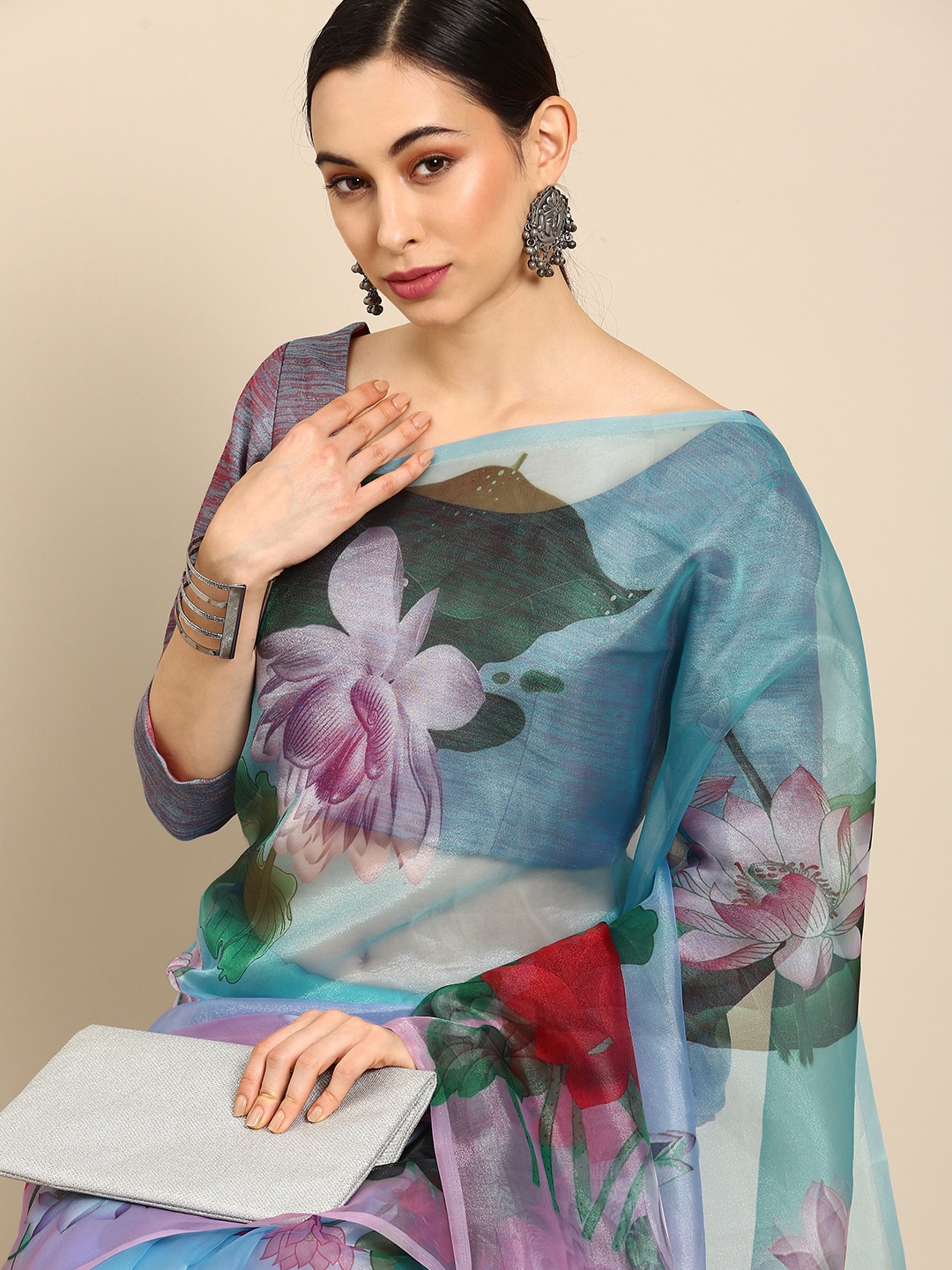 

all about you Blue & Violet Floral Organza Saree