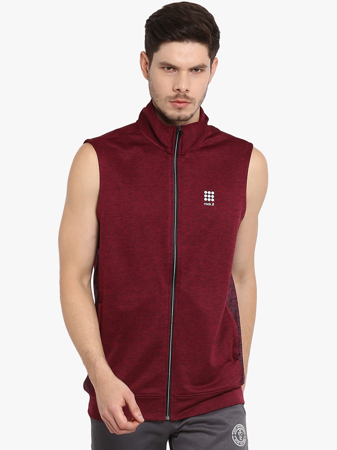 

rock.it Men Maroon Sleeveless Front-Open Sweatshirt