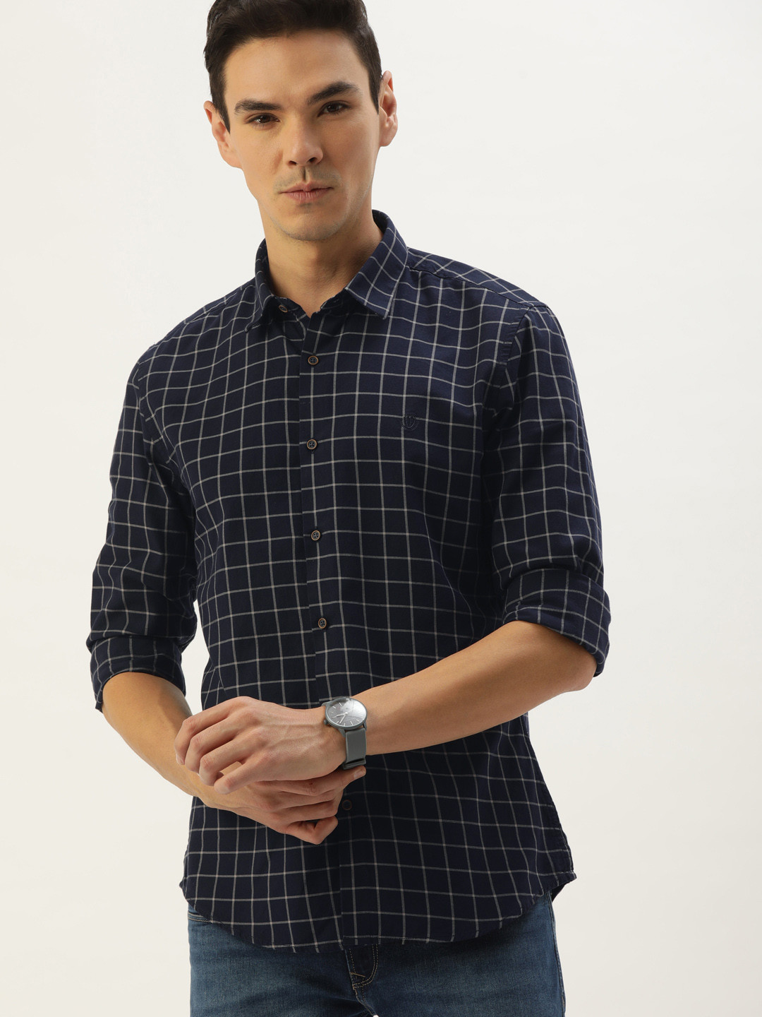 

PETER ENGLAND UNIVERSITY Men Navy Blue Super Slim Fit Checked Opaque Casual Shirt