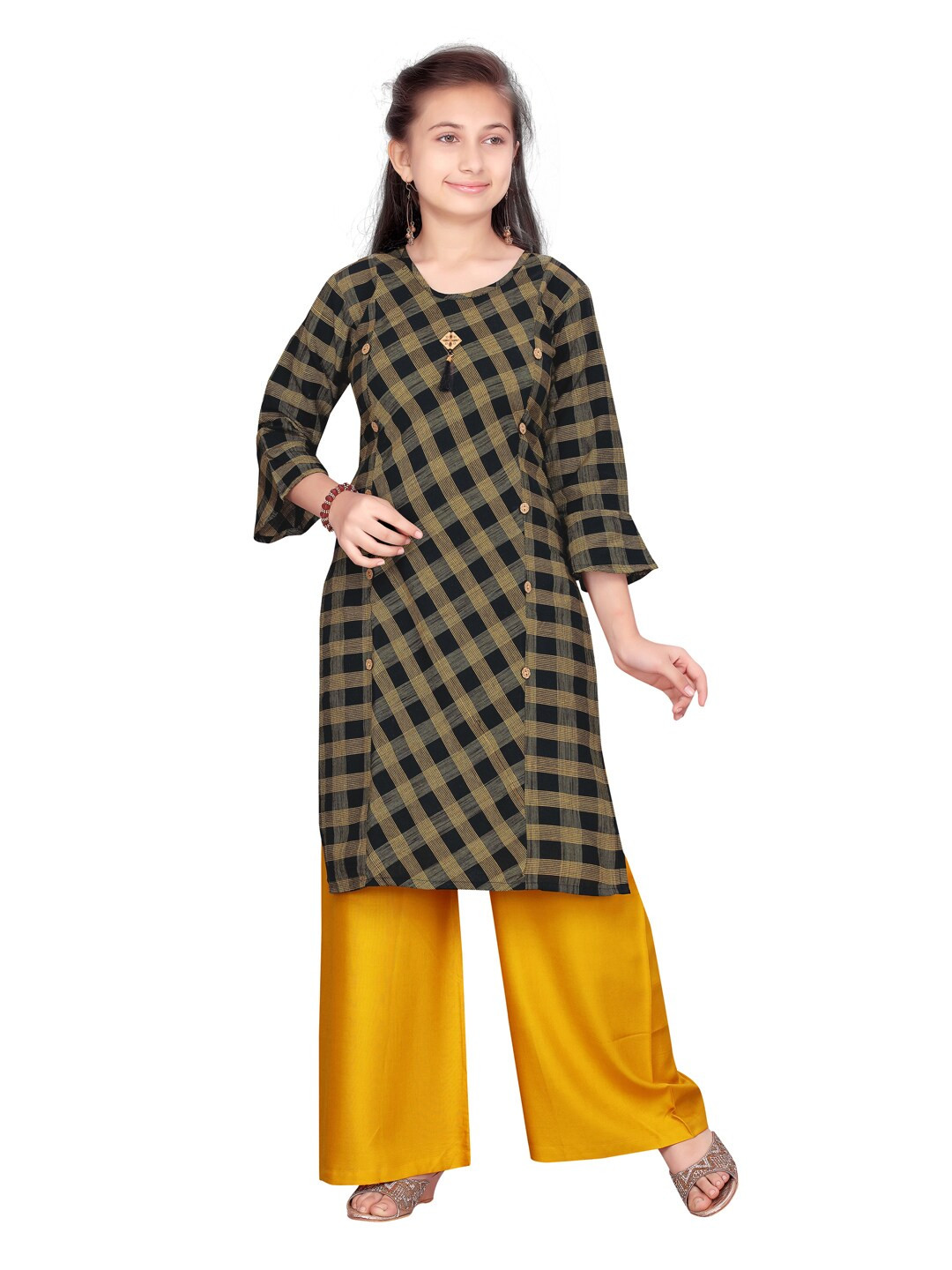 

Aarika Girls Black & Mustard Yellow Panelled Checked Pure Cotton Kurta with Palazzos