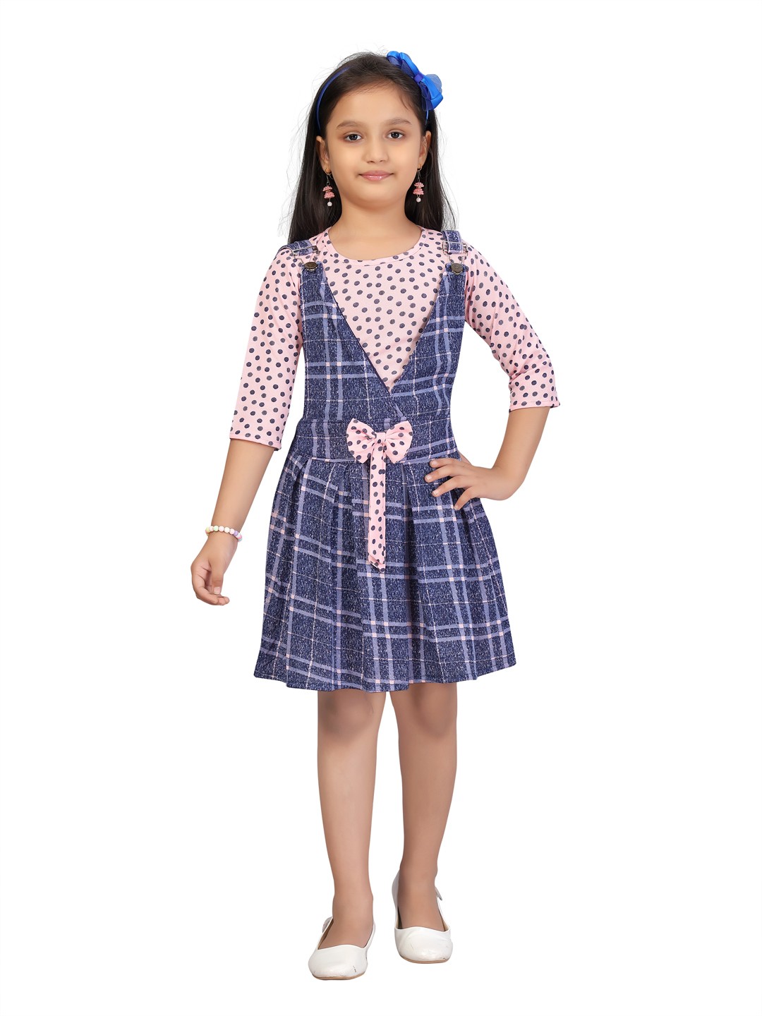 

Aarika Girls Navy Blue & Pink Checked Pinafore Dress with Top