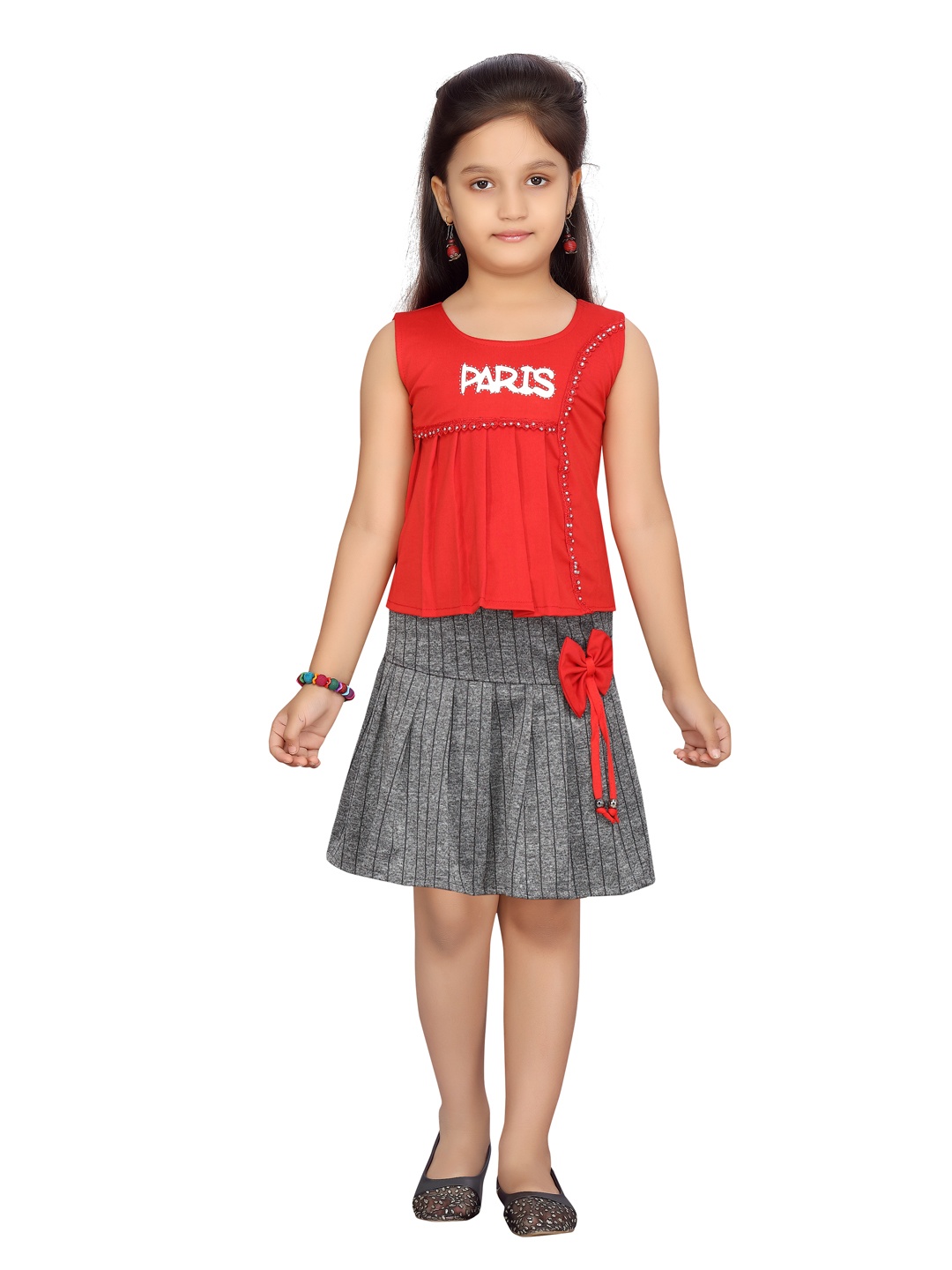 

Aarika Girls Red & Charcoal Grey Printed Top with Skirt