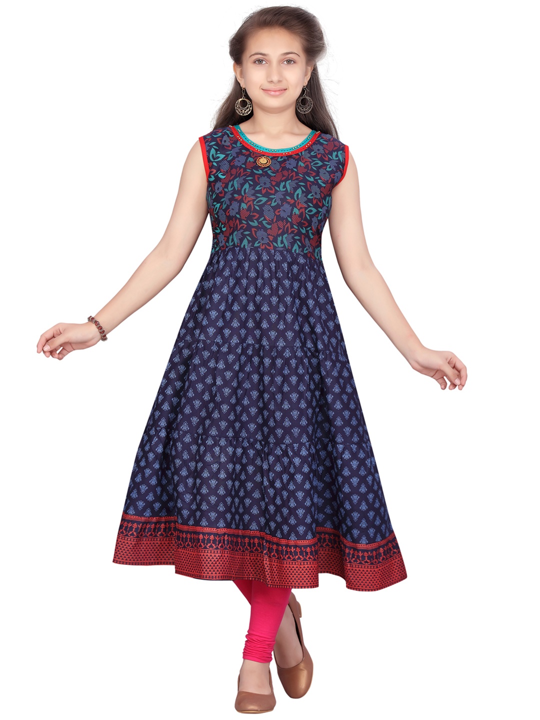 

Aarika Girls Navy Blue & Green Ethnic Motifs Printed Cotton A-Line Kurta