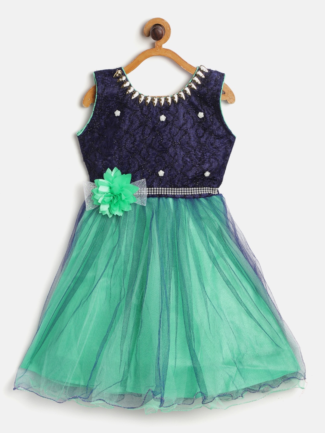 

Aarika Girls Navy Blue & Sea Green Net Embellished Party Fit & Flare Dress