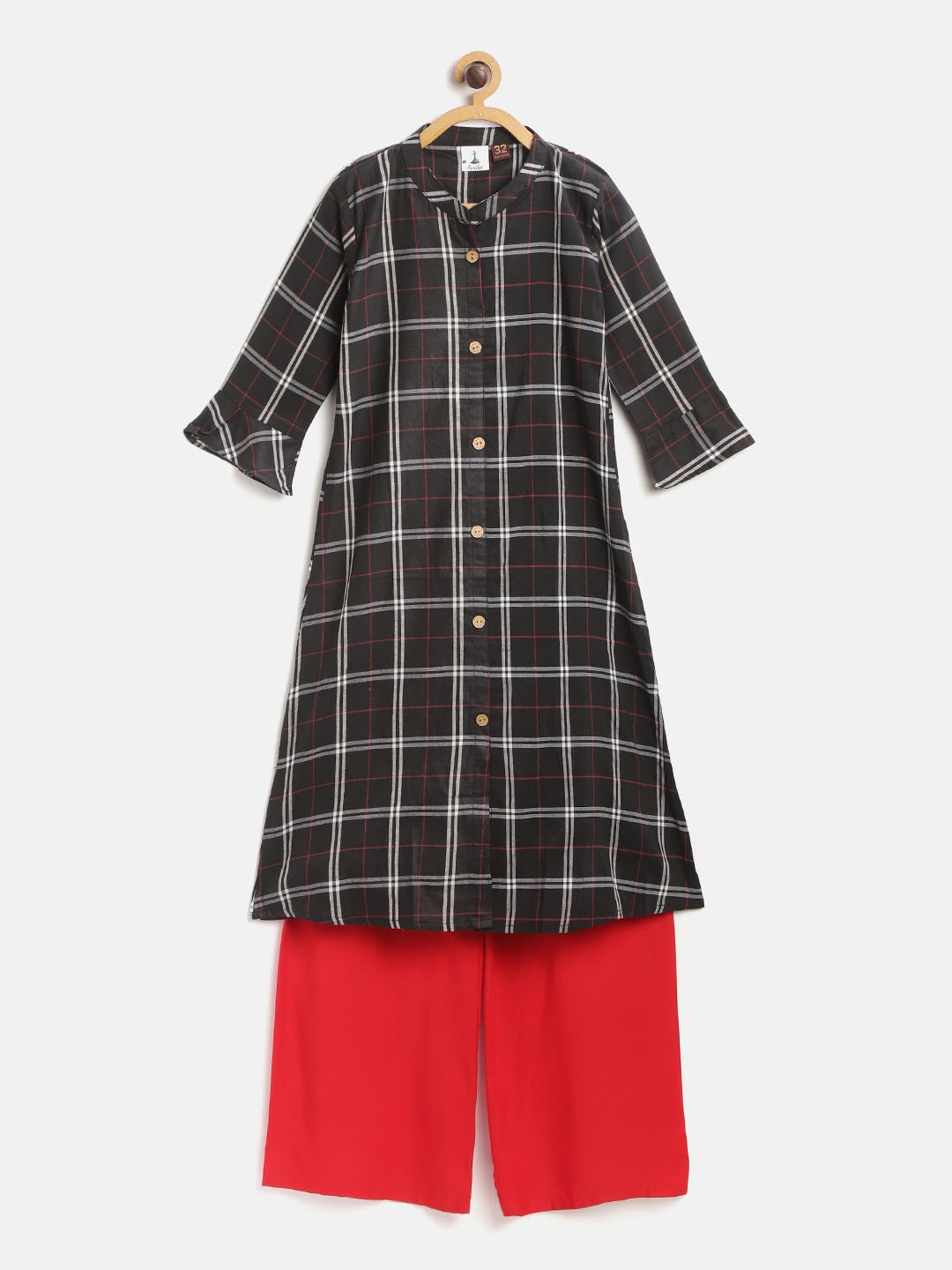 

Aarika Girls Black & Red Checked Pure Cotton A-Line Kurta with Solid Palazzos