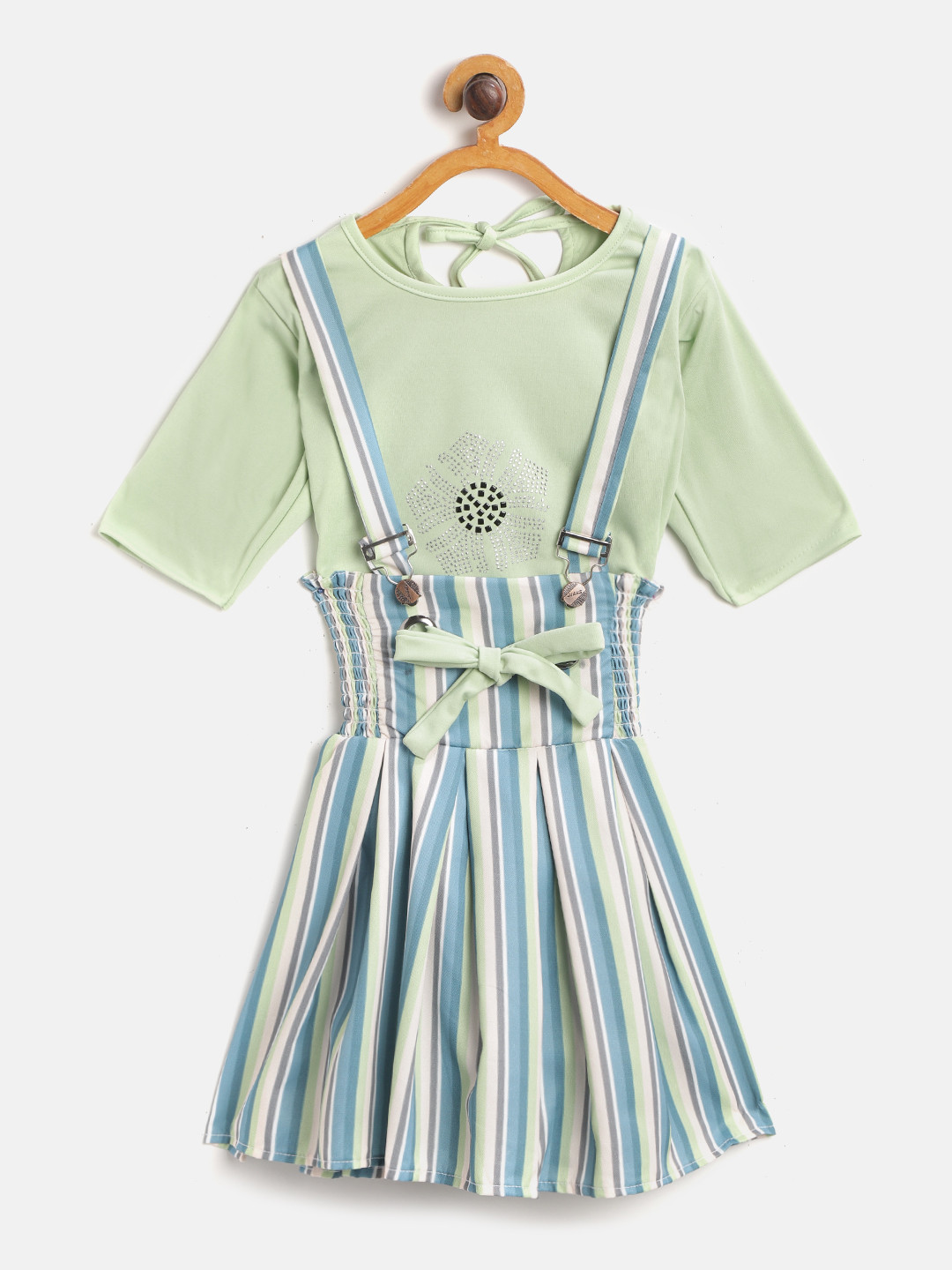 

Aarika Sea Green & Blue Striped Pinafore Dress with Embellished Top