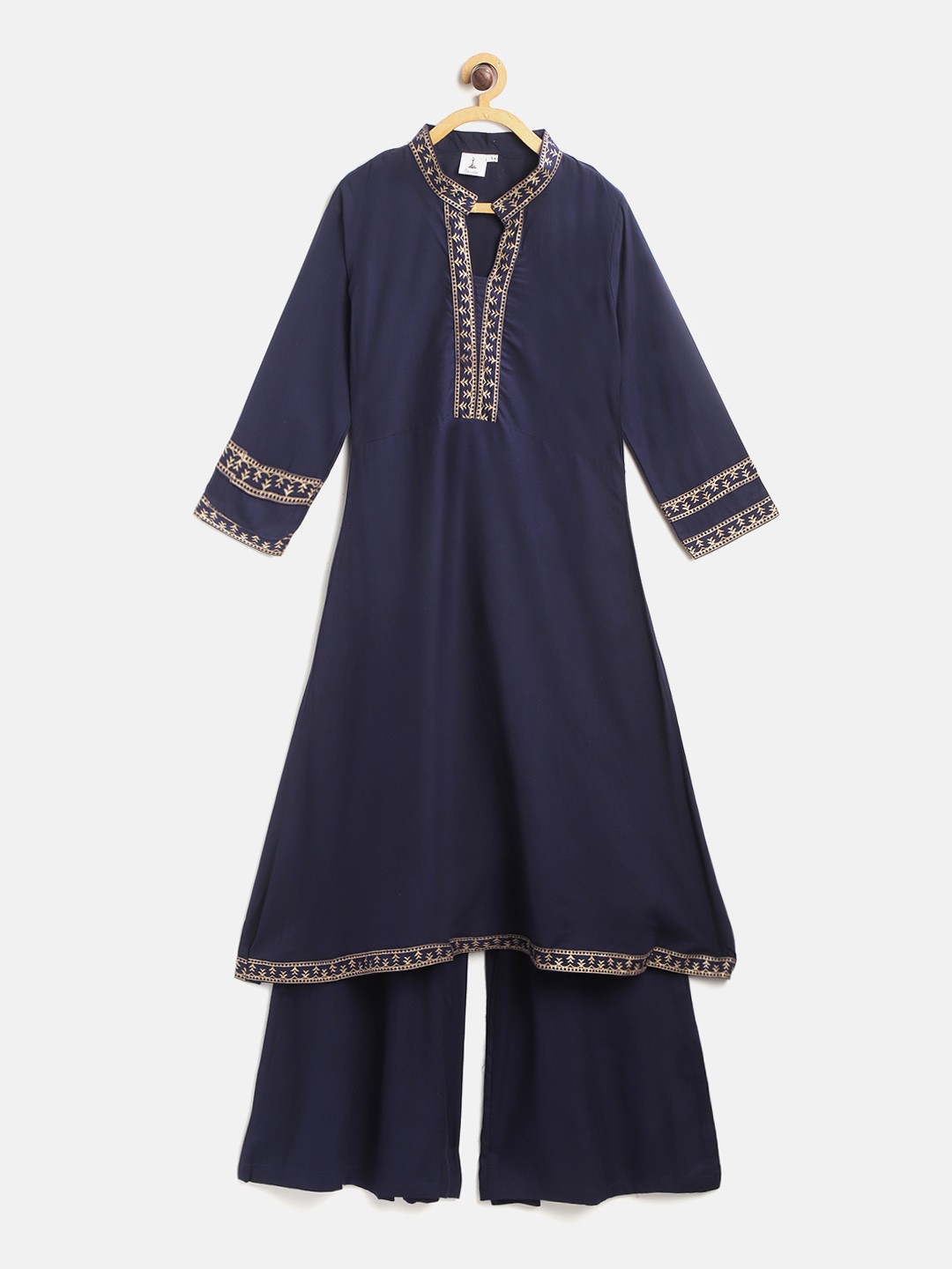 

Aarika Girls Navy Blue Yoke Design Pure Cotton A-Line Kurta with Solid Palazzos