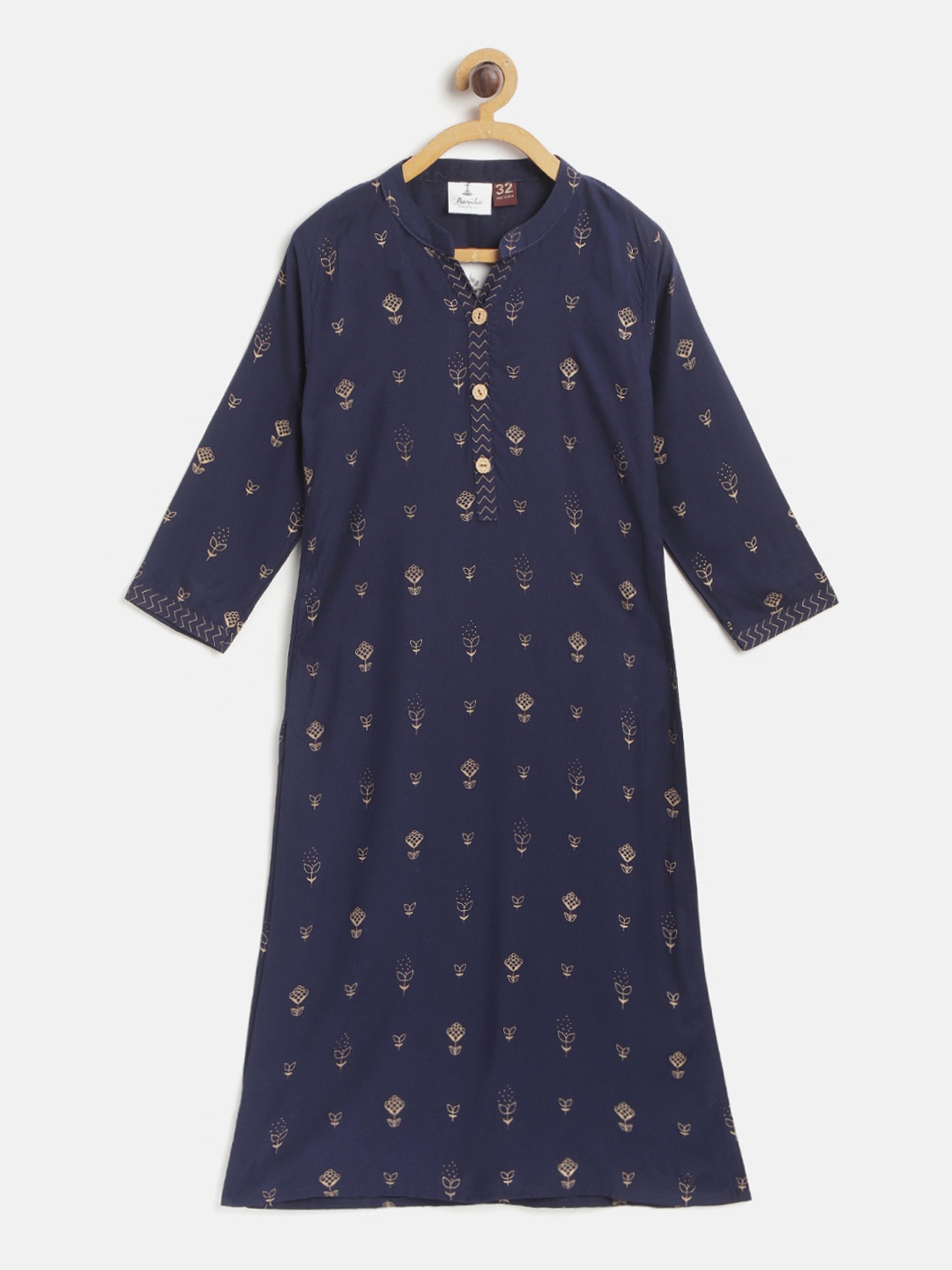 

Aarika Girls Navy Blue & Golden Ethnic Motifs Foil Print Cotton Straight Kurta