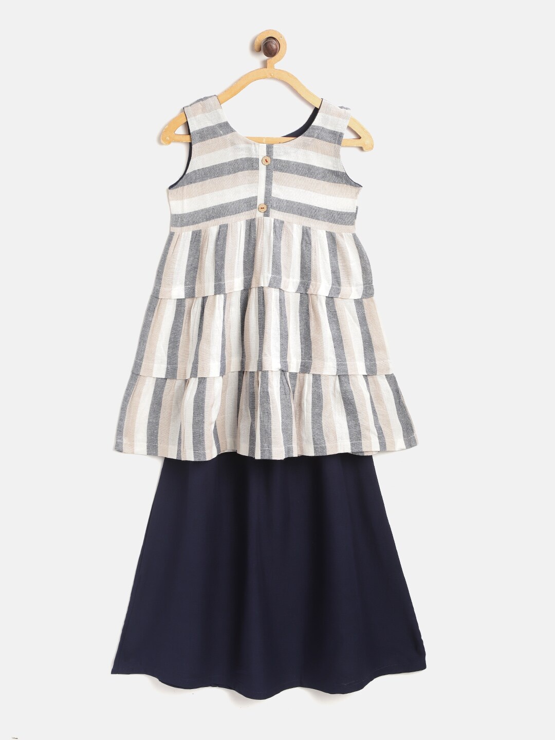 

Aarika Girls Off-White & Navy Blue Striped Tiered Kurta with Flared Skirt