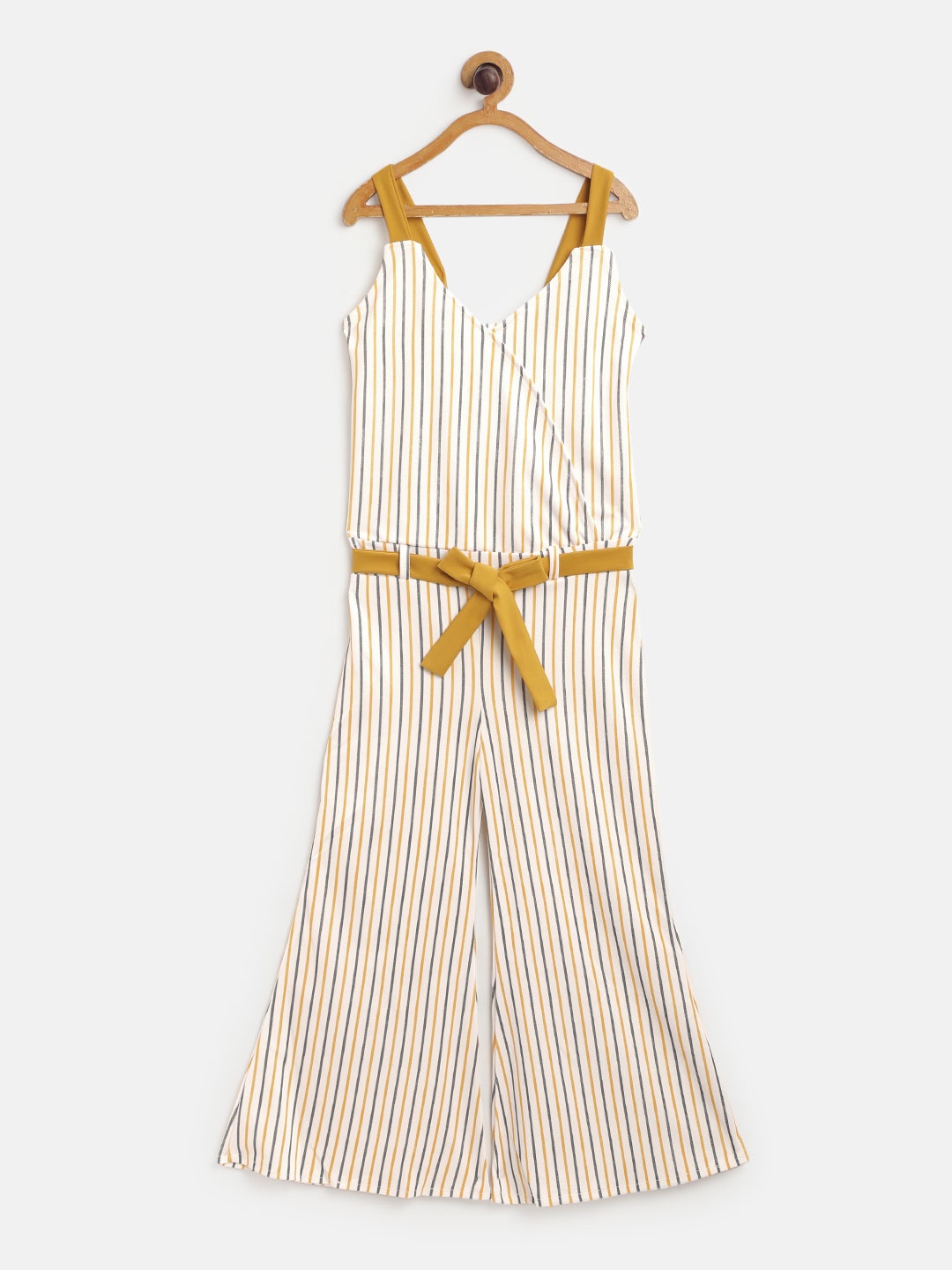 

Aarika Girls White & Yellow Striped Basic Jumpsuit with Belt