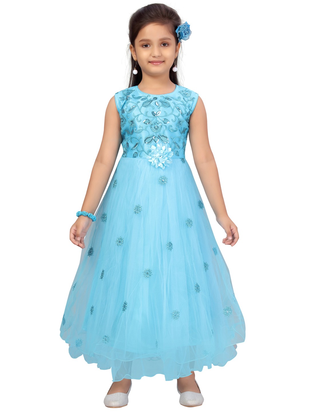 

Aarika Girls Turquoise Blue Embroidered Sequinned Net Maxi Gown
