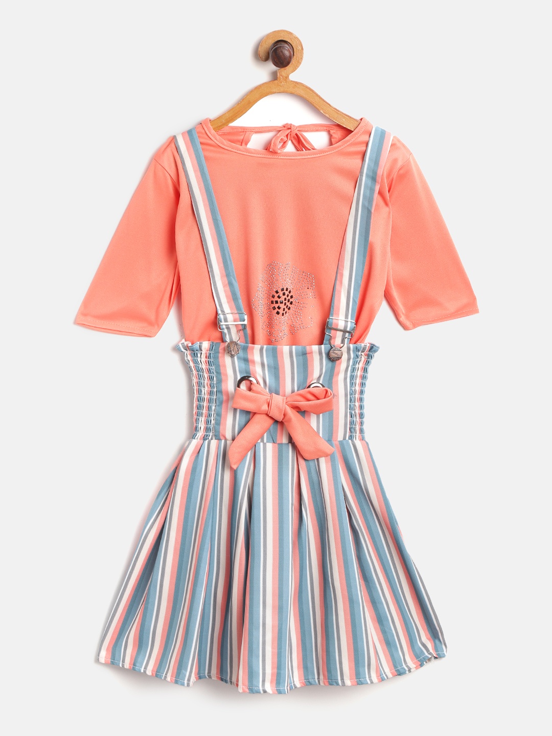 

Aarika Blue & Peach-Coloured Striped Pinafore Dress with Embellished Top