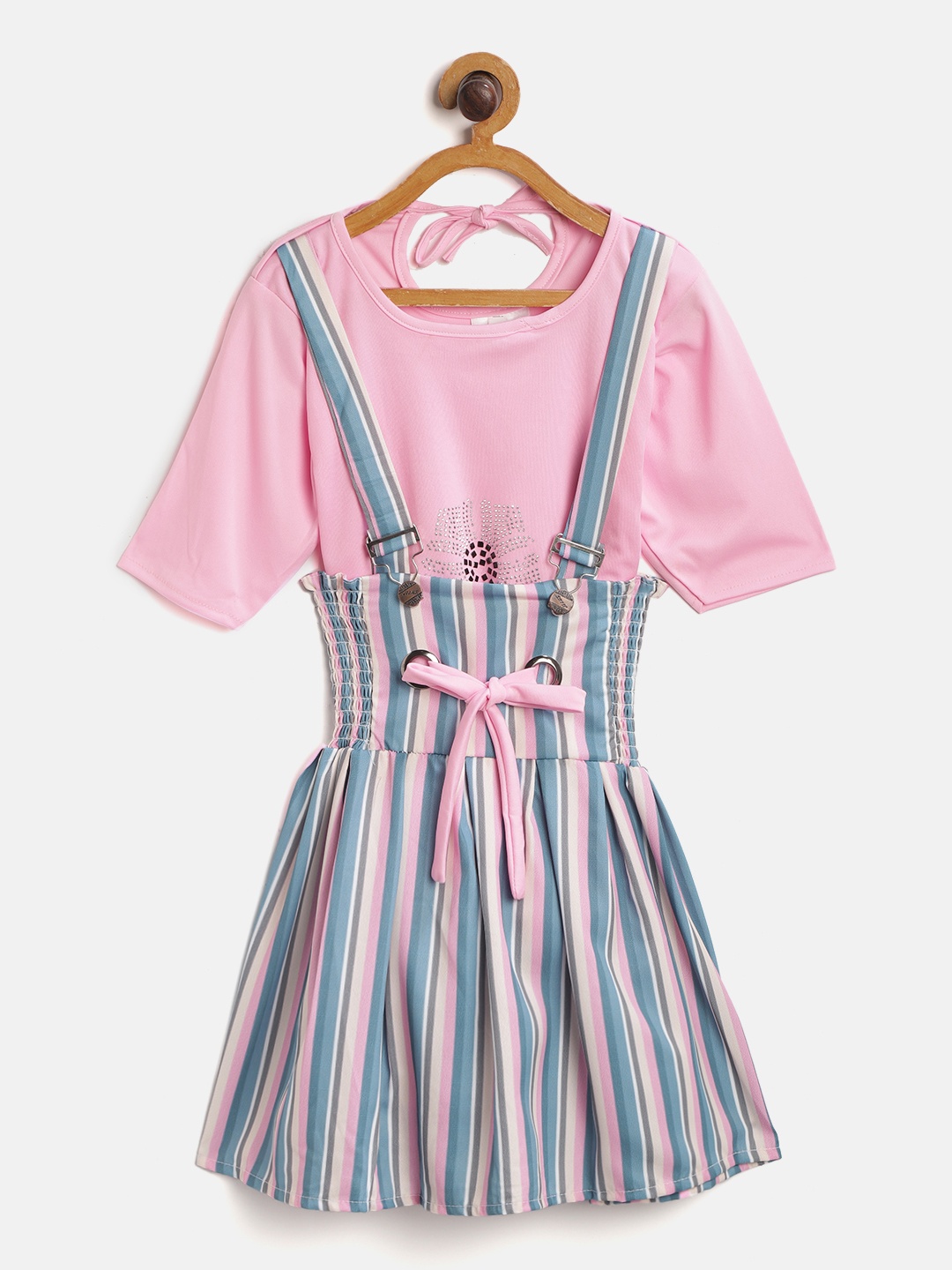 

Aarika Pink & Green Striped Pinafore Dress with Embellished Top