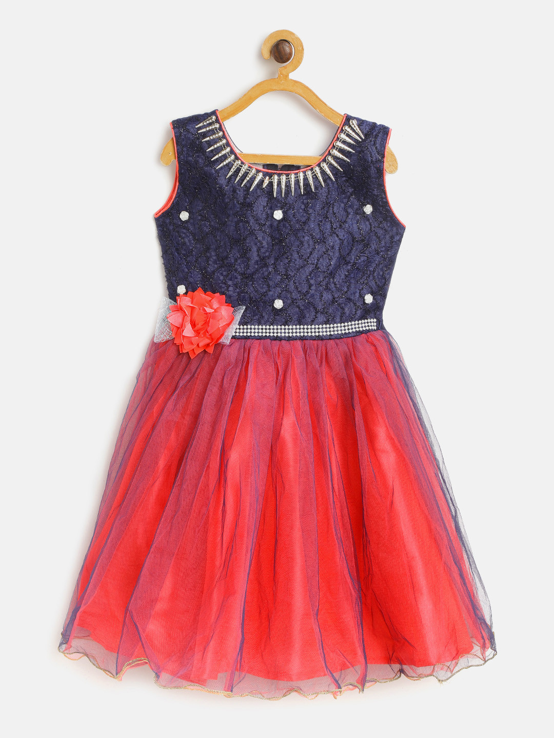 

Aarika Girls Navy Blue & Red Net Embellished Party Fit & Flare Dress