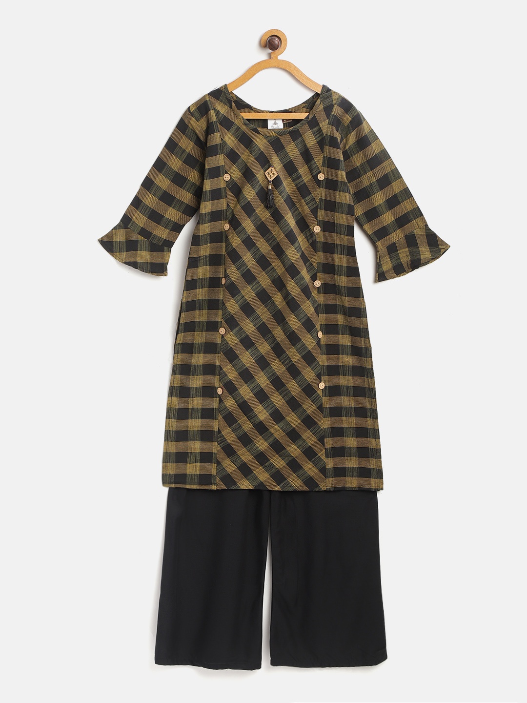

Aarika Girls Black & Yellow Checked Pure Cotton Straight Kurta with Solid Palazzos