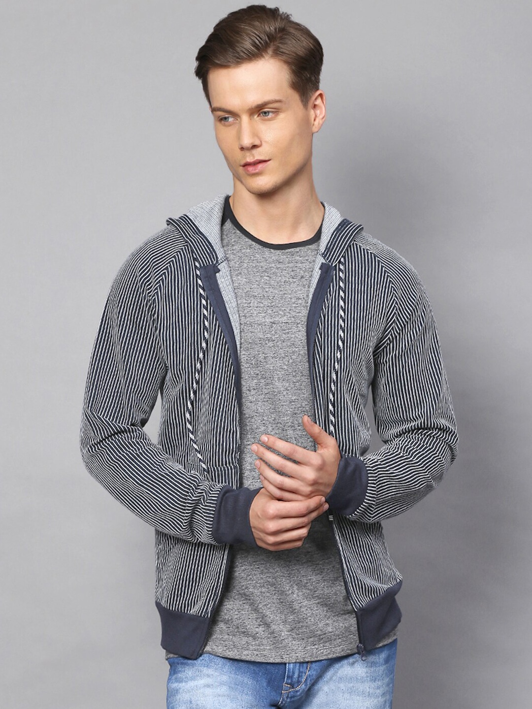 

Campus Sutra Men Blue Striped Hooded Sweatshirt