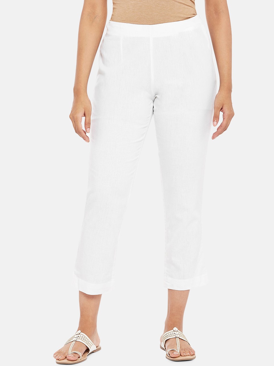 

RANGMANCH BY PANTALOONS Women White Pure Cotton Cigerette Trousers