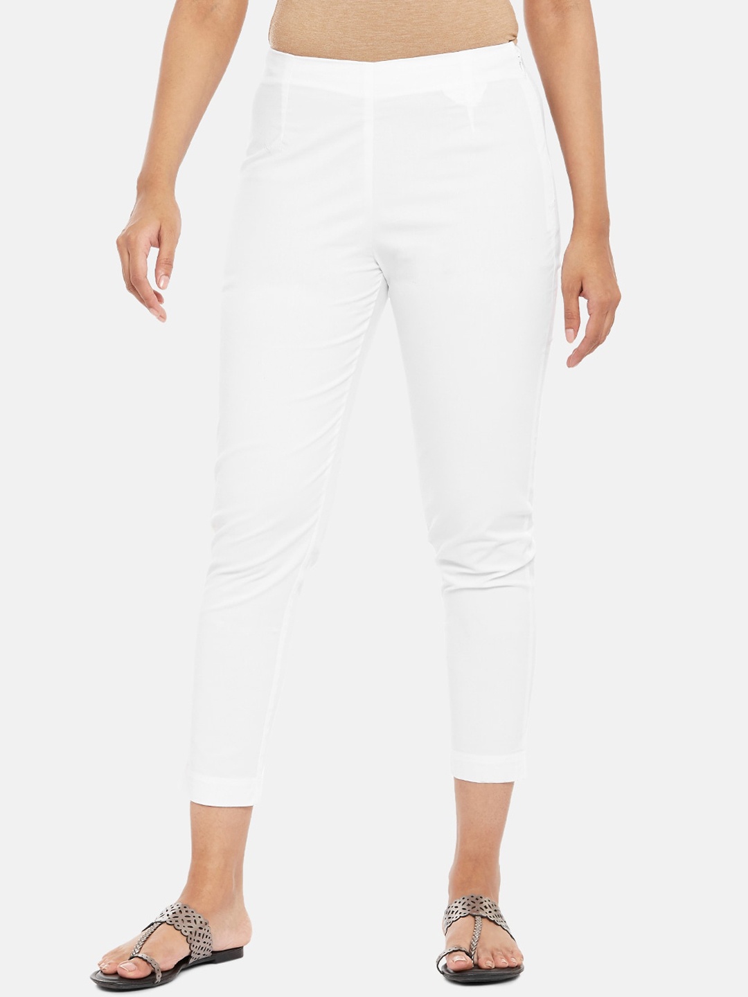 

RANGMANCH BY PANTALOONS Women White Pure Cotton Cigerette Trousers