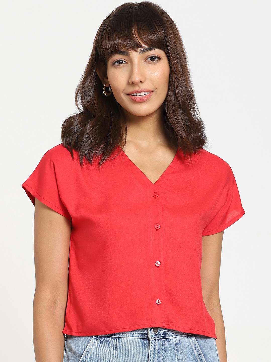 

Bewakoof Women Red Solid V-Neck Casual Shirt
