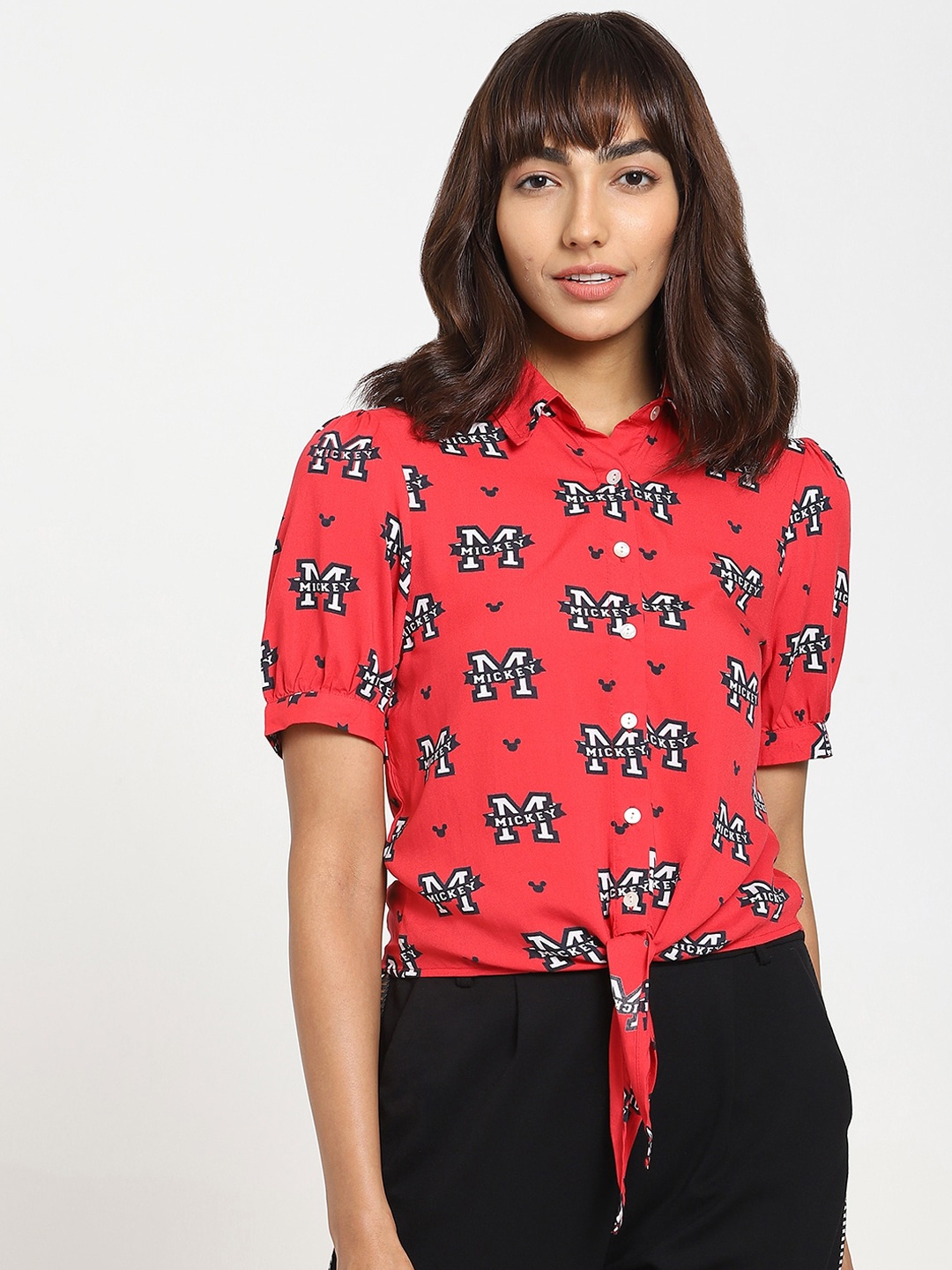 

Bewakoof Women Red Floral Printed Casual Shirt With Waist Tie-Up